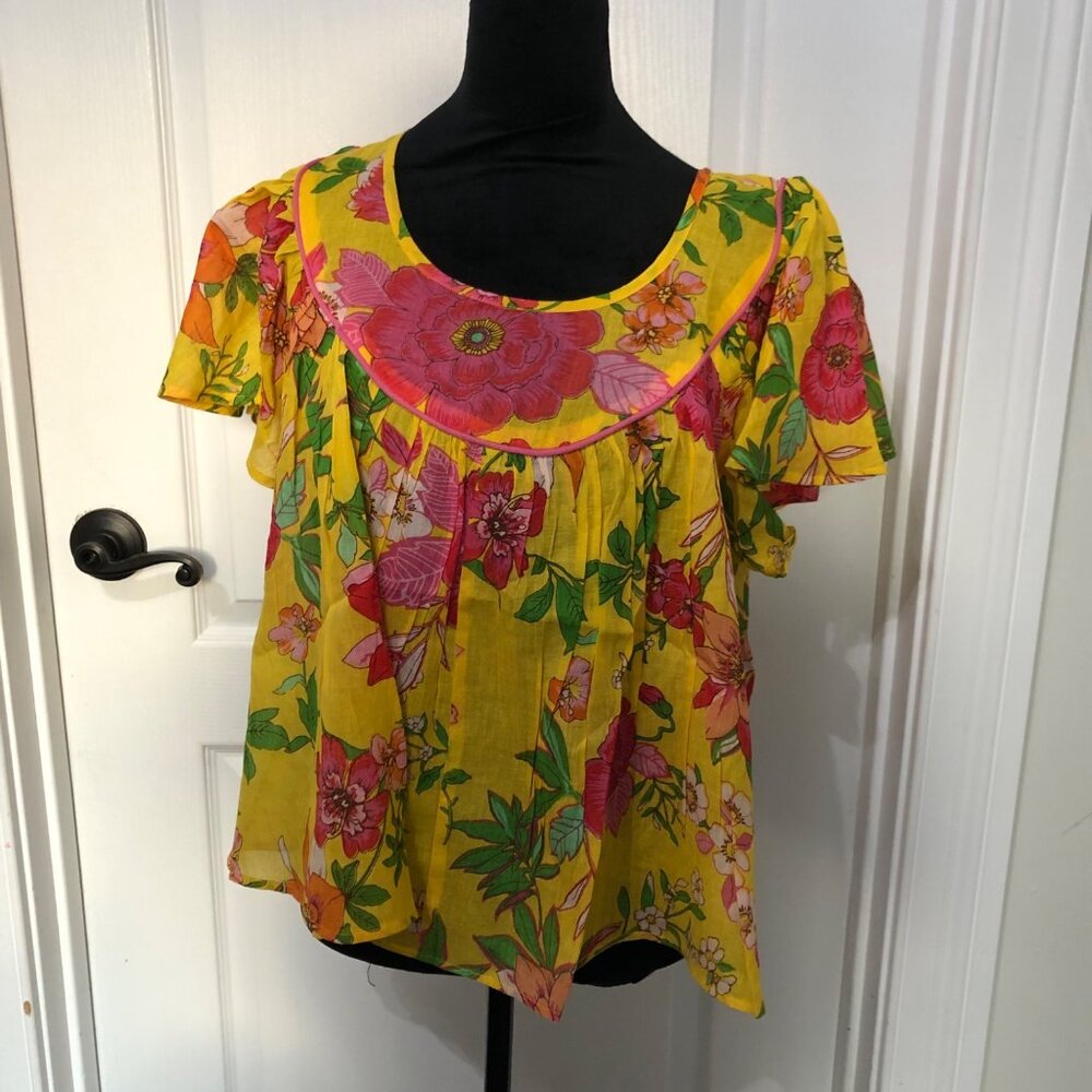 Band of the Free Yellow Floral Cotton Boho Blouse Short Sleeve Size‎ Small NWT